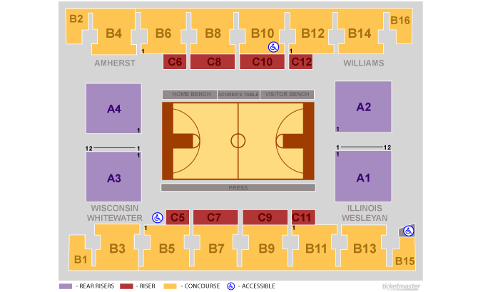Seating chart for Salem Civic Center in Basketball Layout